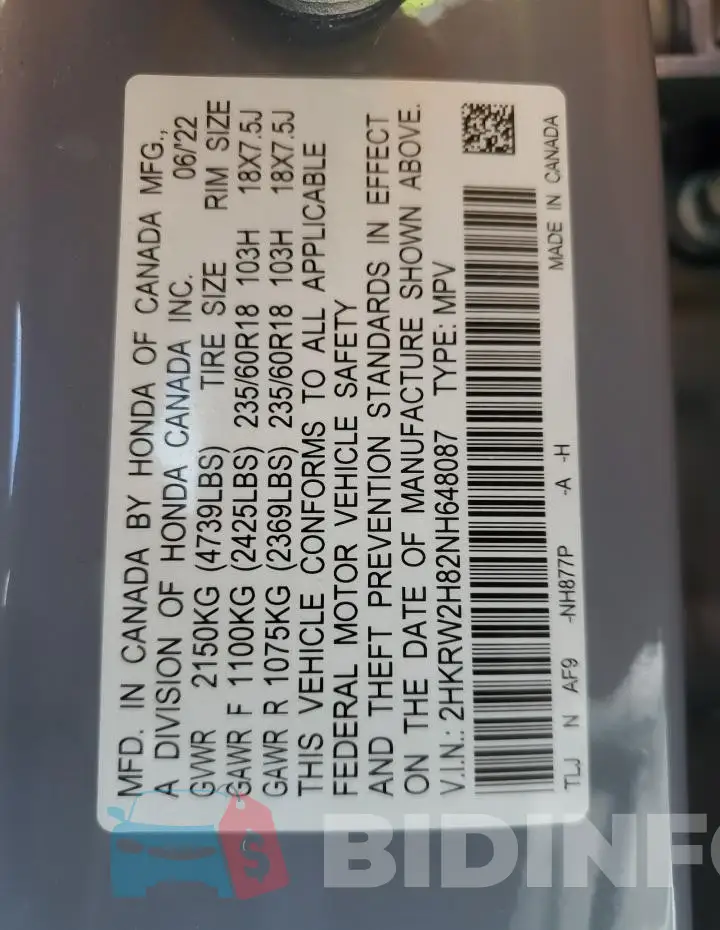 2HKRW2H82NH648087 Photo# 13