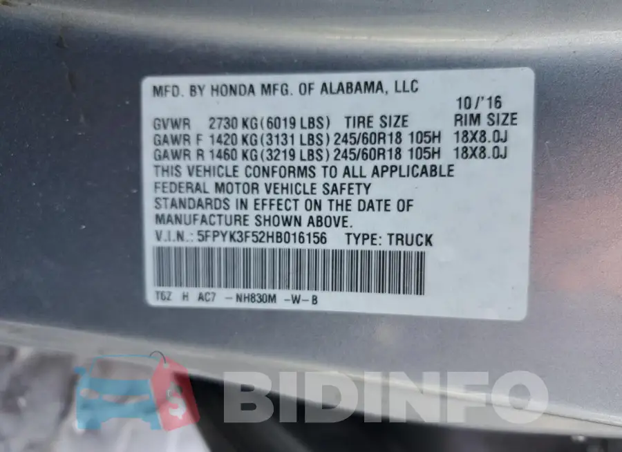 5FPYK3F52HB016156 Photo# 13