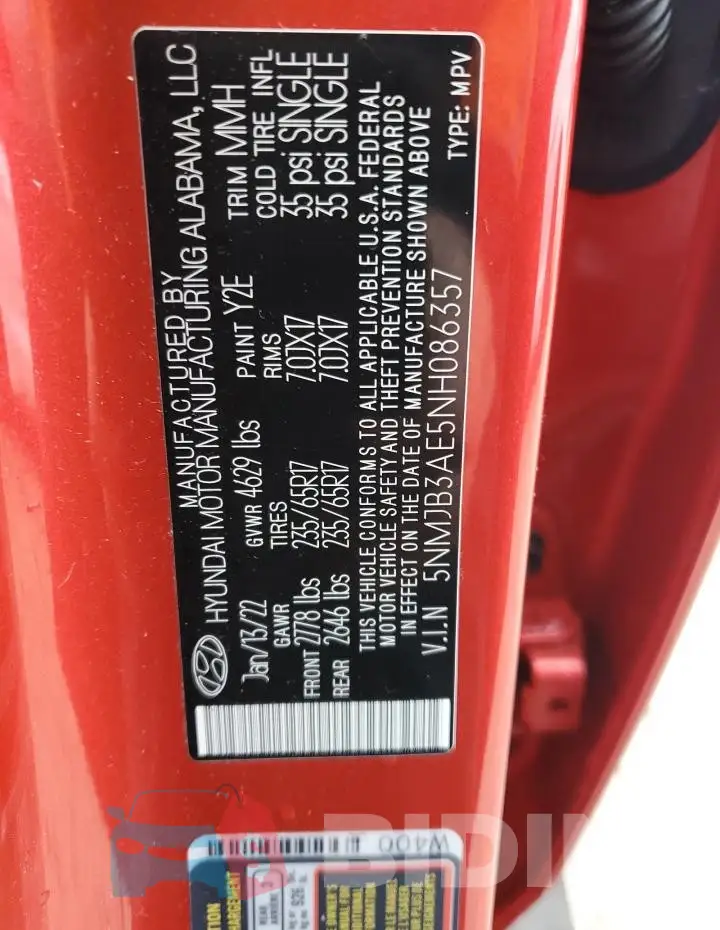 5NMJB3AE5NH086357 Photo# 12