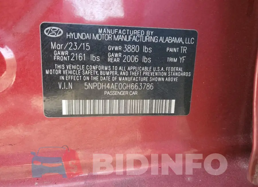 5NPDH4AE0GH663786 Photo# 12