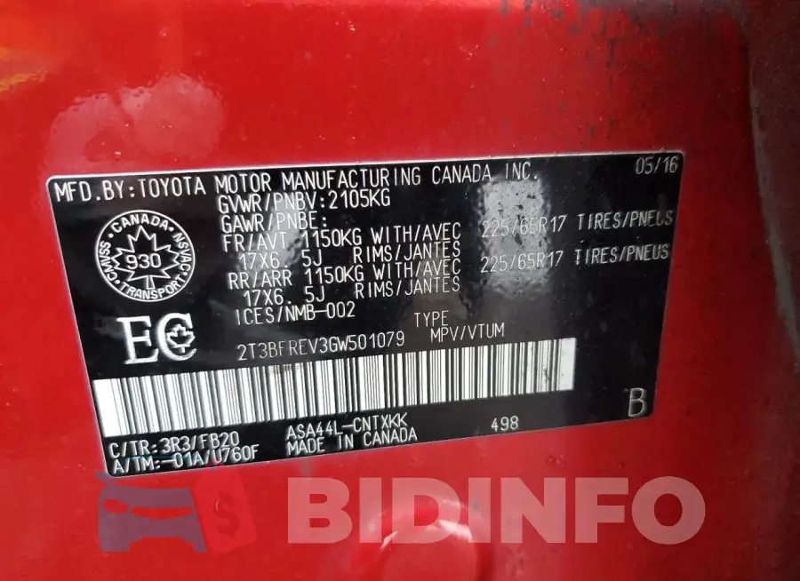 2T3BFREV3GW501079 Photo# 13