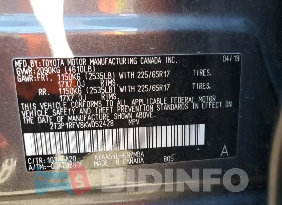2T3P1RFV8KW052428 Photo# 13