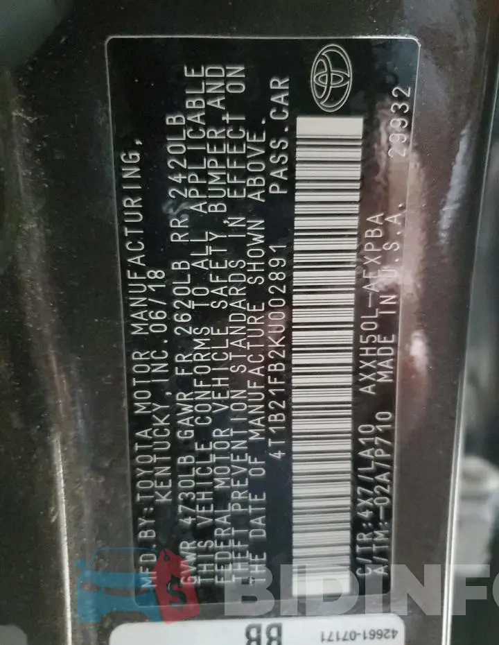 4T1B21FB2KU002891 Photo# 13
