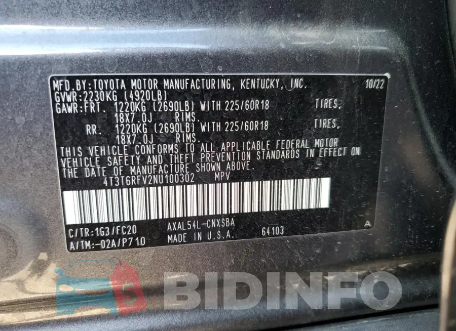 4T3T6RFV2NU100302 Photo# 13