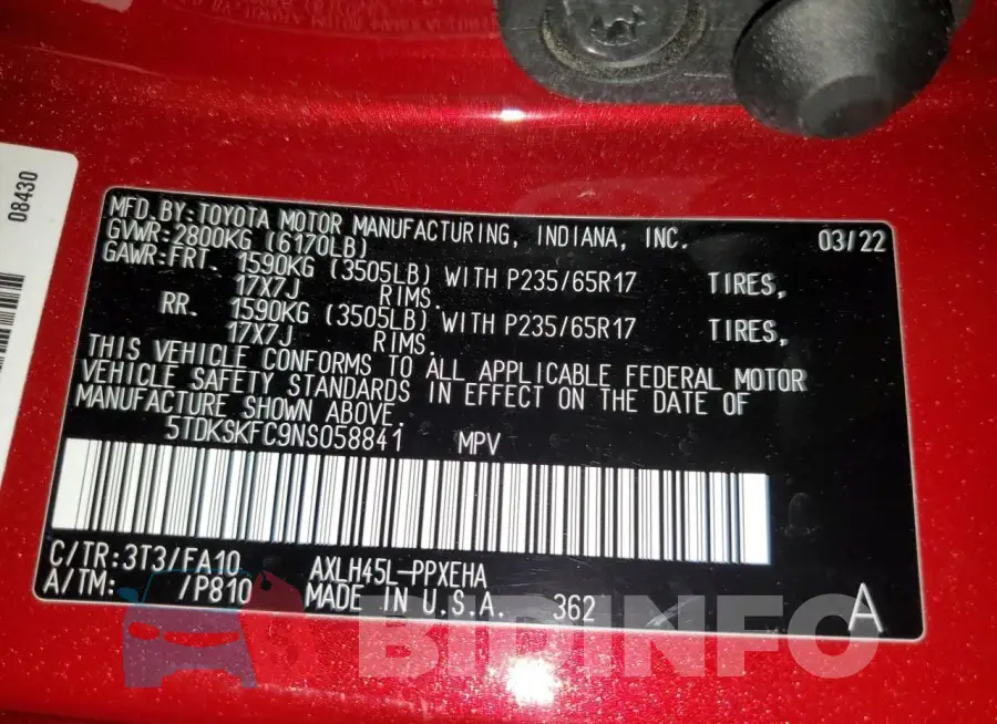 5TDKSKFC9NS058841 Photo# 13