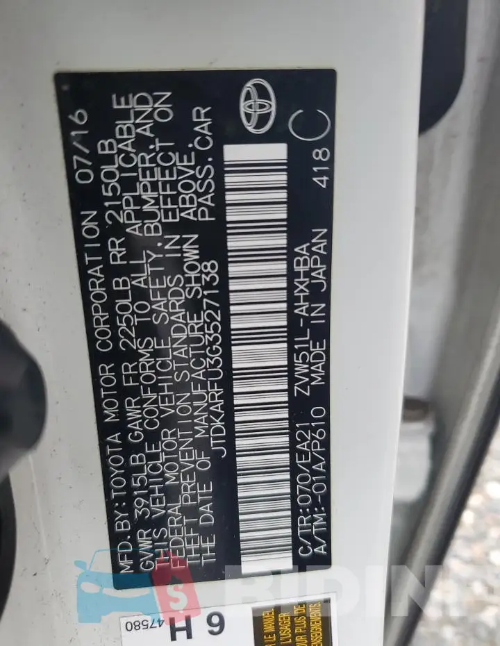 JTDKARFU3G3527138 Photo# 12