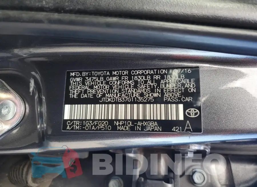 JTDKDTB37G1135275 Photo# 14