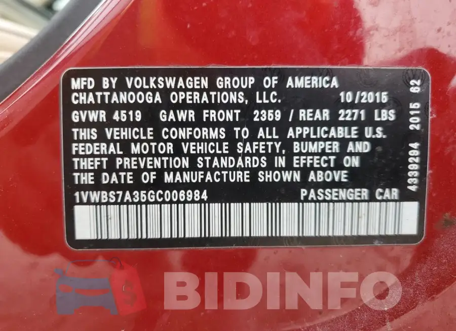 1VWBS7A35GC006984 Photo# 12