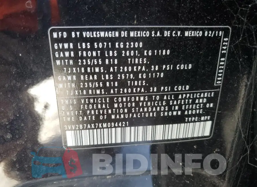3VV2B7AX7KM094421 Photo# 13