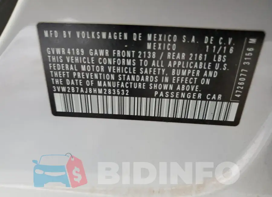 3VW2B7AJ8HM283532 Photo# 12
