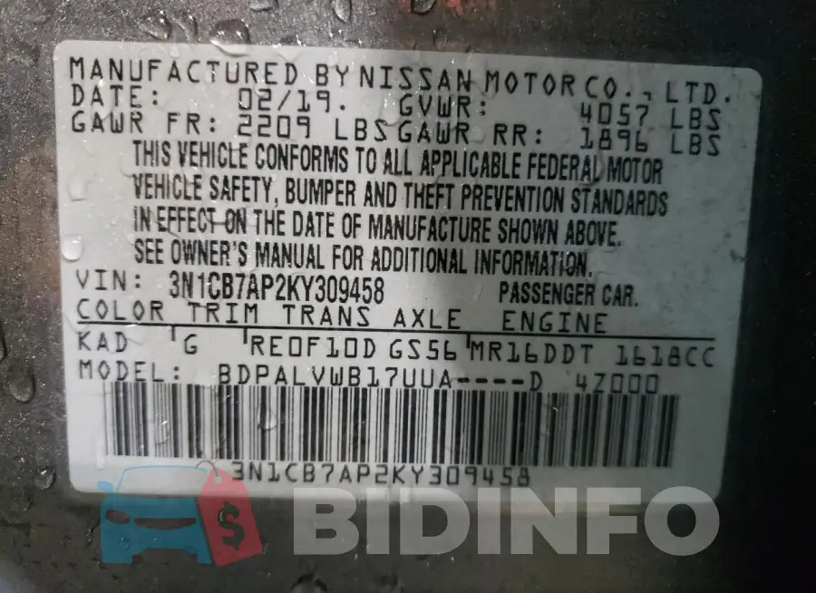 3N1CB7AP2KY309458 Photo# 12