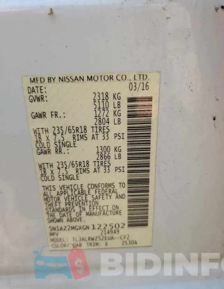 5N1AZ2MGXGN122502 Photo# 13