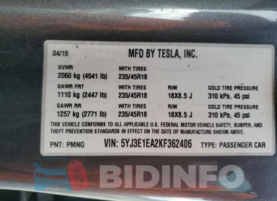 5YJ3E1EA2KF362406 Photo# 12