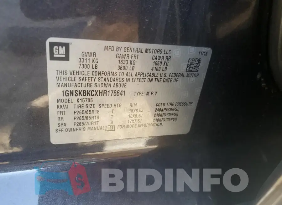 1GNSKBKCXHR176641 Photo# 12
