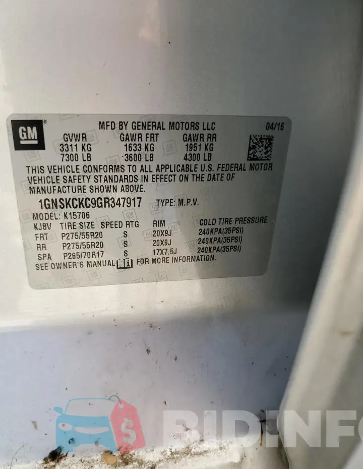 1GNSKCKC9GR347917 Photo# 13