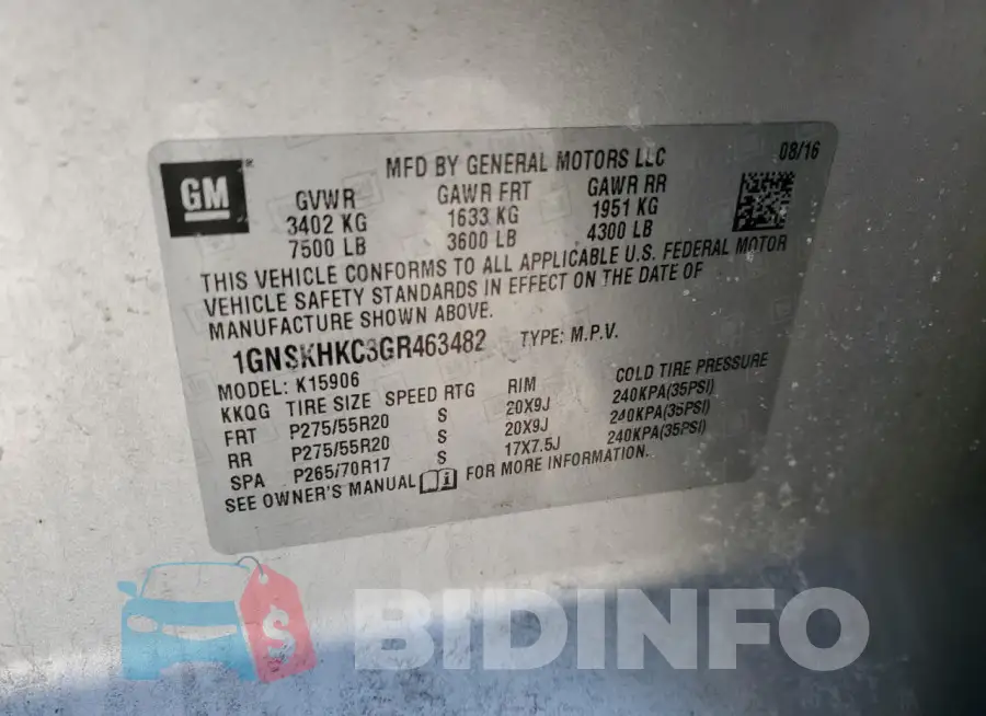 1GNSKHKC3GR463482 Photo# 14