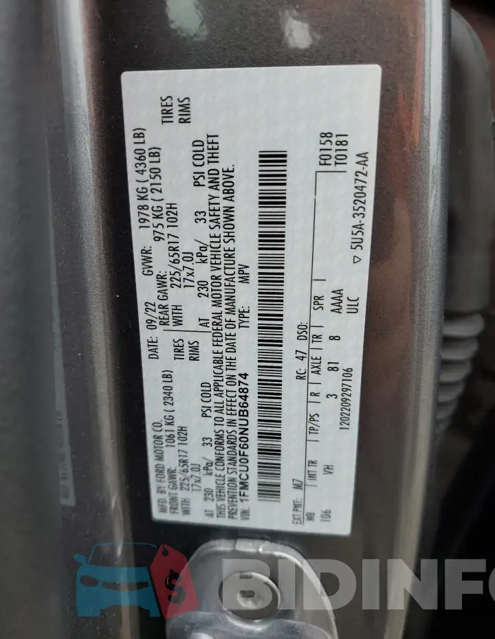 1FMCU0F60NUB64874 Photo# 13