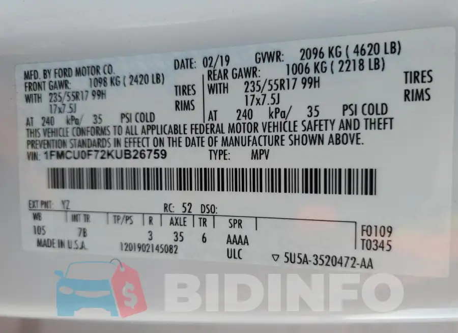 1FMCU0F72KUB26759 Photo# 13