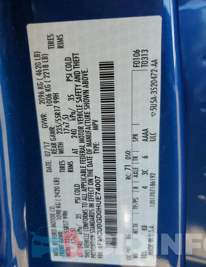 1FMCU0GD0HUE74007 Photo# 13