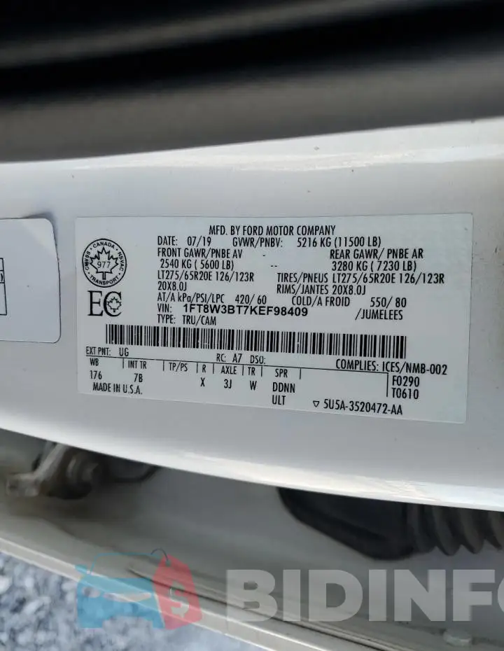 1FT8W3BT7KEF98409 Photo# 12