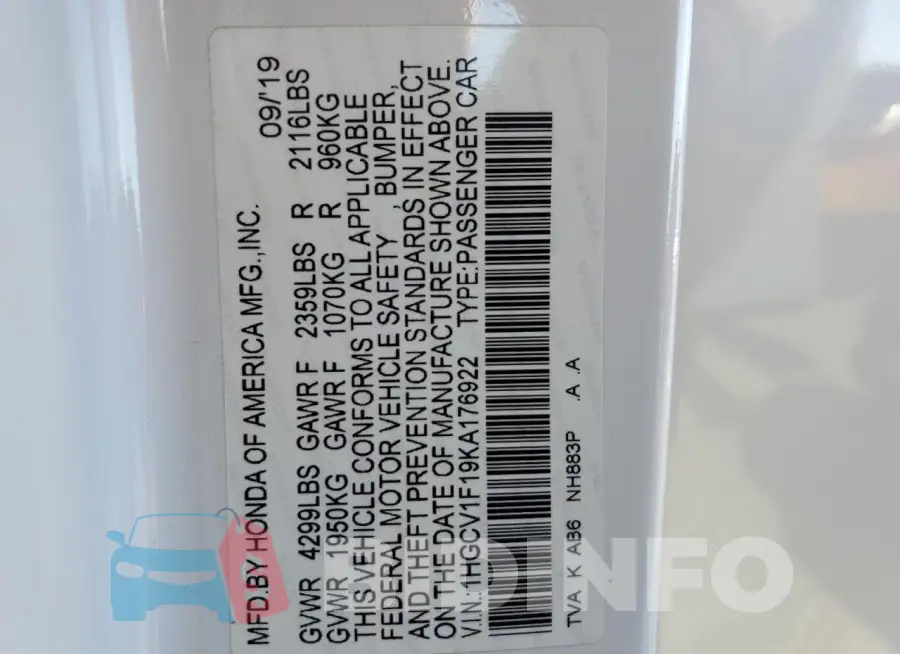 1HGCV1F19KA176922 Photo# 13