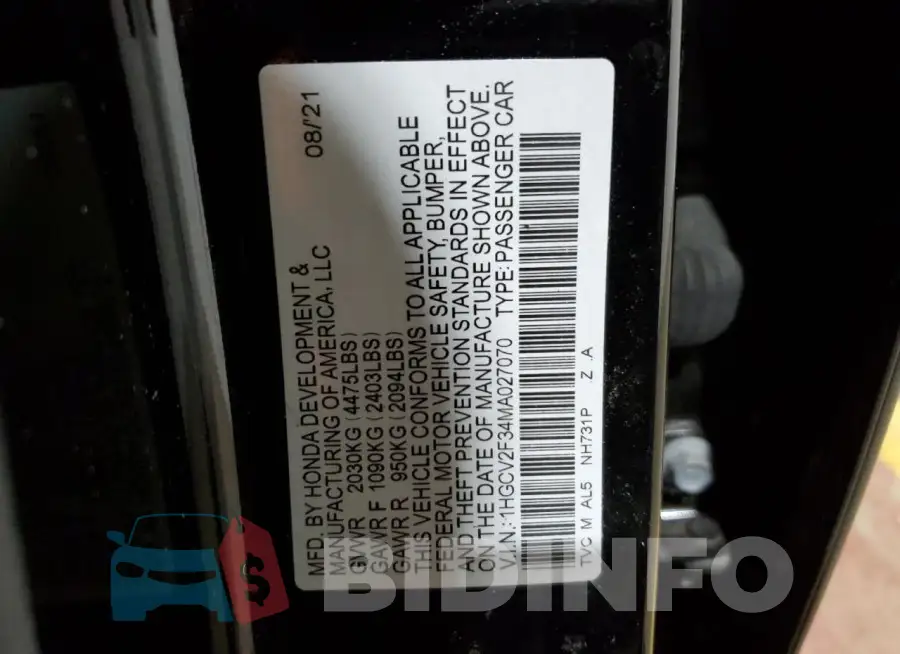 1HGCV2F34MA027070 Photo# 12