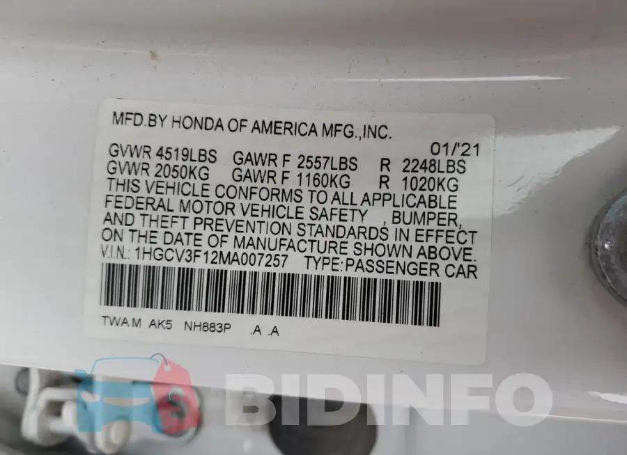1HGCV3F12MA007257 Photo# 12