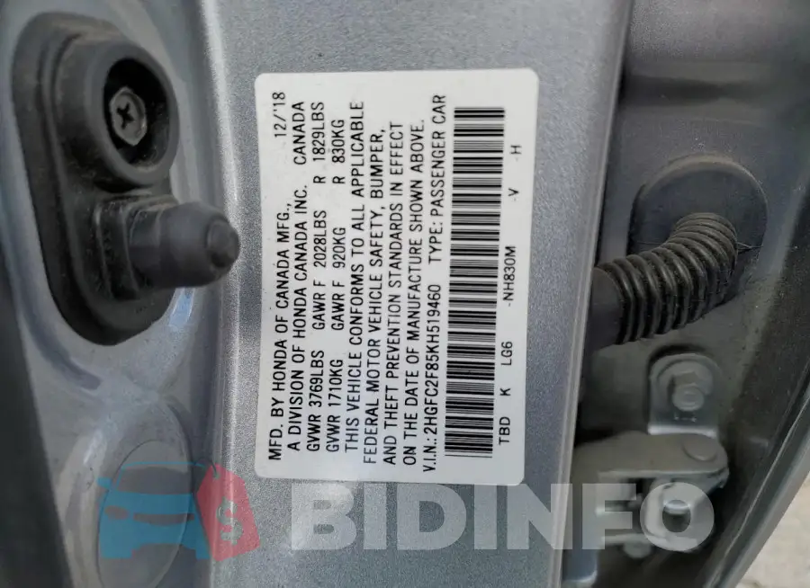 2HGFC2F85KH519460 Photo# 12