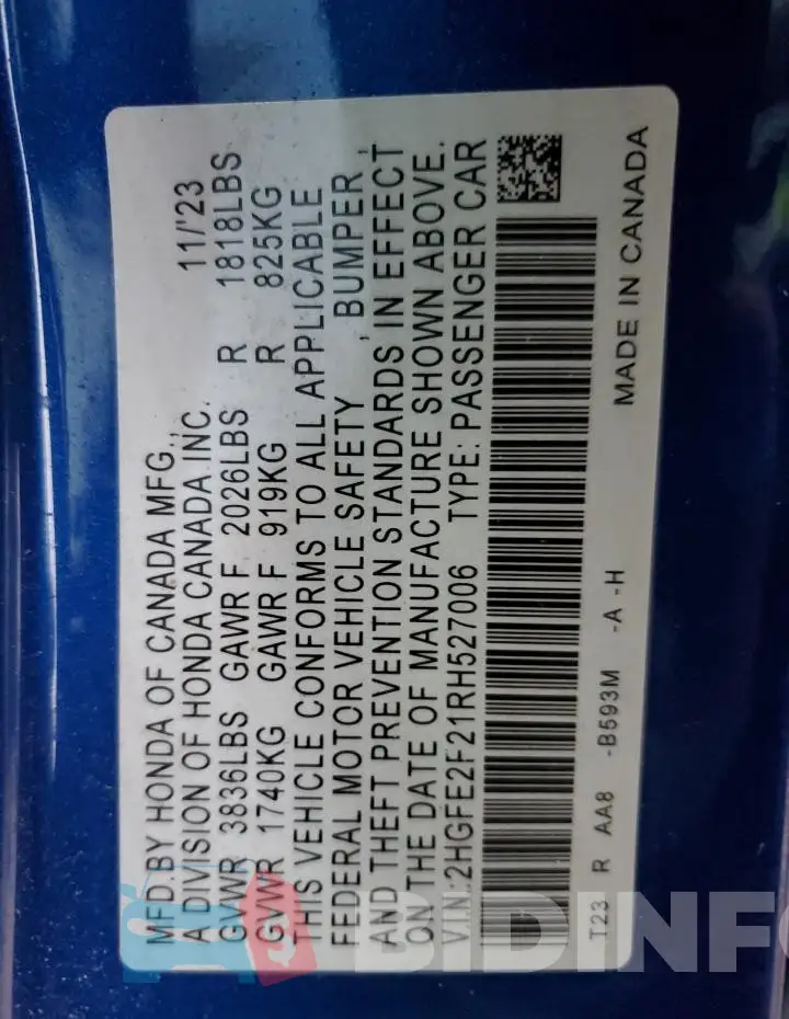 2HGFE2F21RH527006 Photo# 12