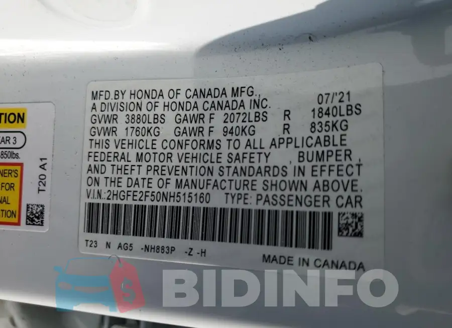 2HGFE2F50NH515160 Photo# 12