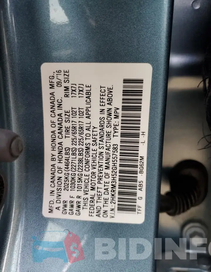 2HKRM3H52GH557583 Photo# 12