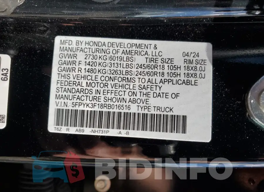 5FPYK3F18RB016516 Photo# 13