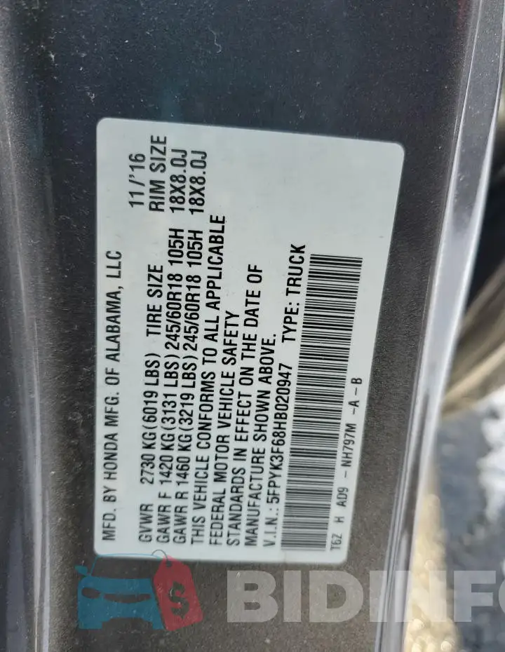 5FPYK3F68HB020947 Photo# 12