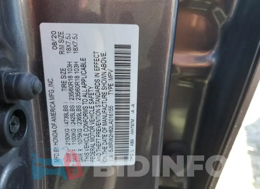 5J6RW2H82LA016155 Photo# 13
