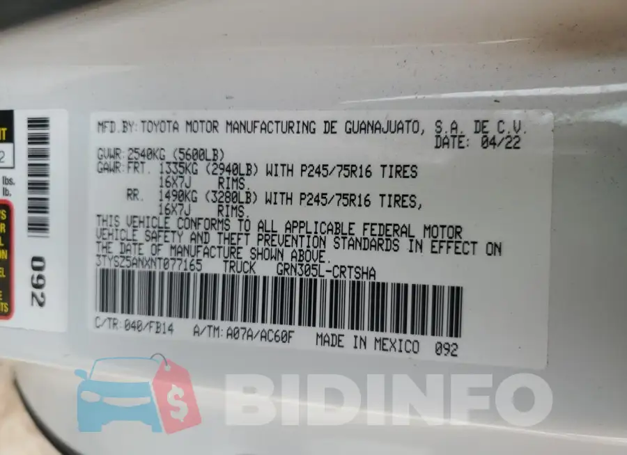 3TYSZ5ANXNT077165 Photo# 13