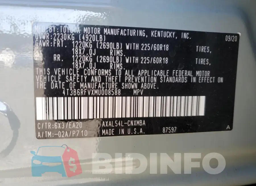 4T3B6RFVXMU008588 Photo# 13