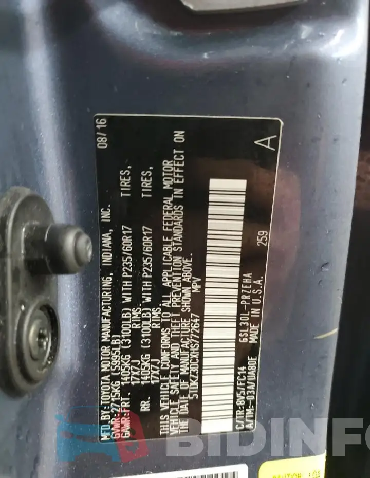 5TDKZ3DCXHS772647 Photo# 13