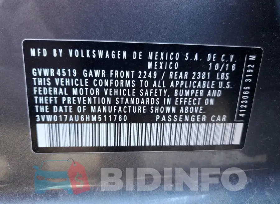 3VW017AU6HM511760 Photo# 12