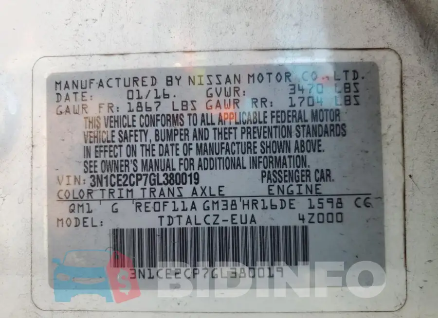 3N1CE2CP7GL380019 Photo# 13