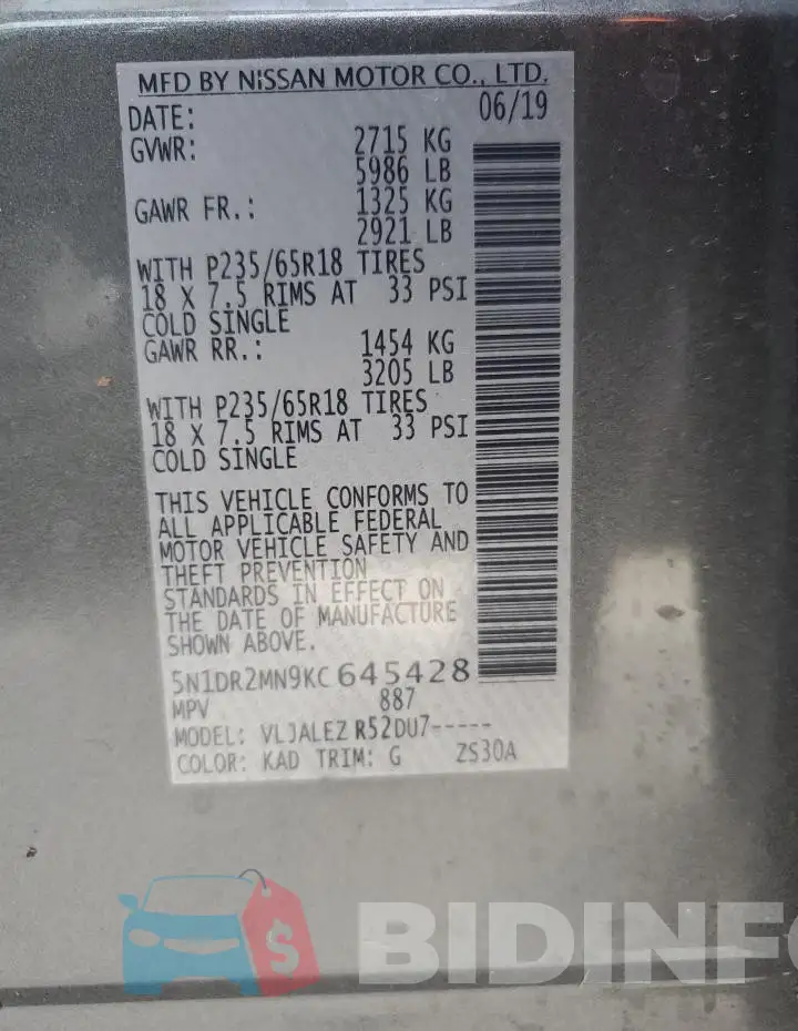 5N1DR2MN9KC645428 Photo# 13