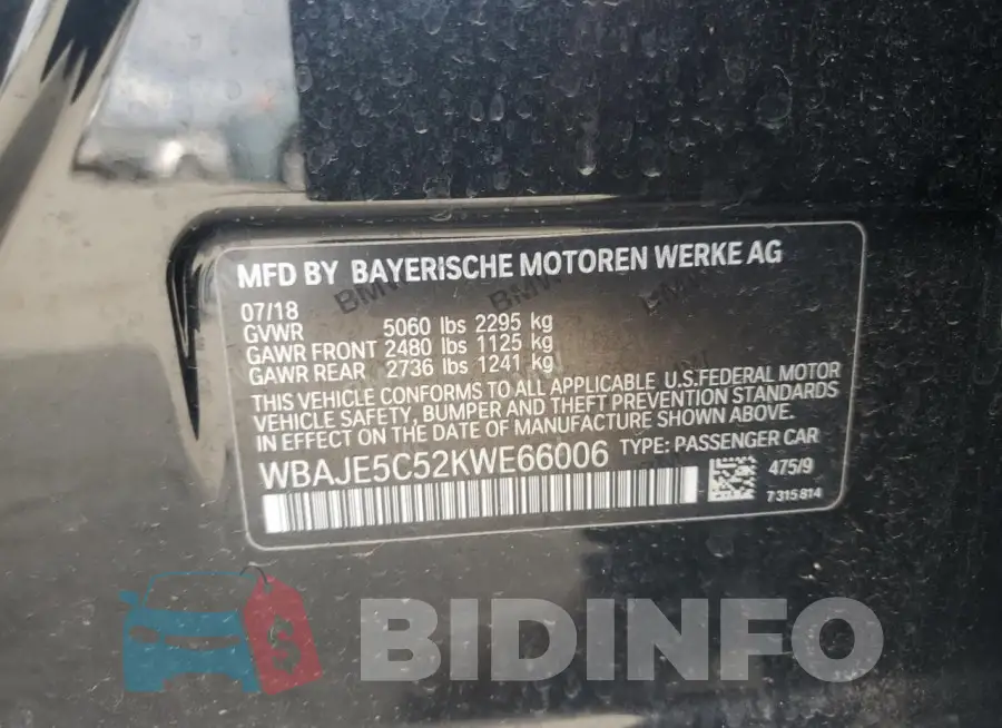 WBAJE5C52KWE66006 Photo# 13