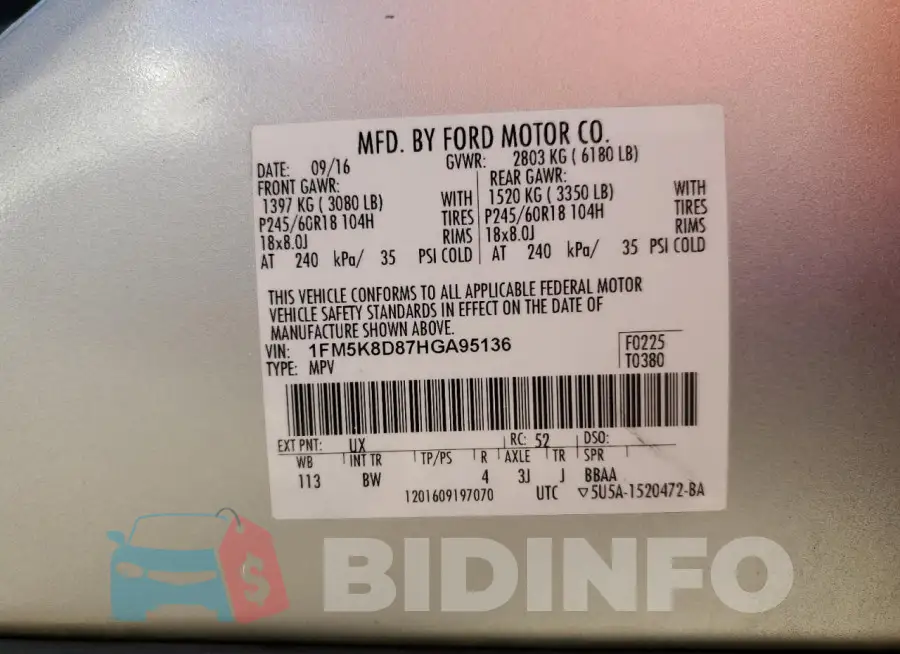 1FM5K8D87HGA95136 Photo# 14
