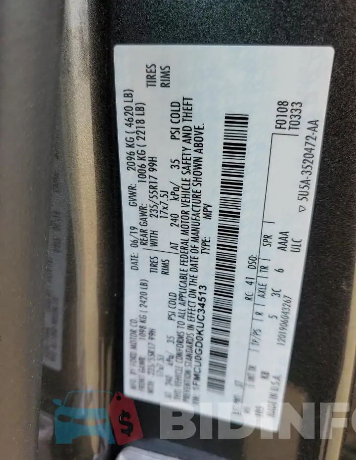 1FMCU0GD0KUC34513 Photo# 13