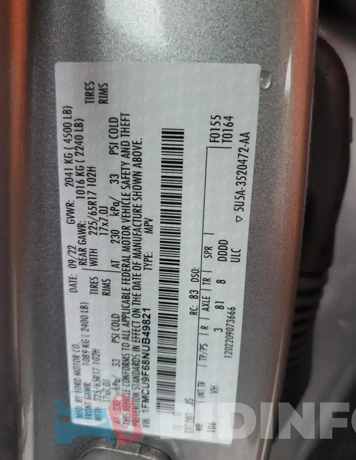 1FMCU9F68NUB49821 Photo# 12