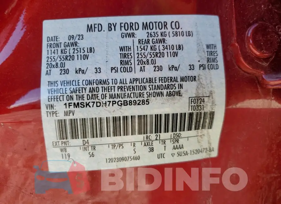 1FMSK7DH7PGB89285 Photo# 13