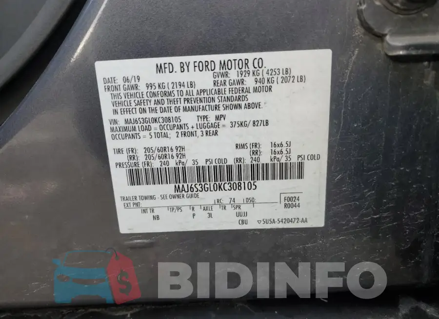 MAJ6S3GL0KC308105 Photo# 13