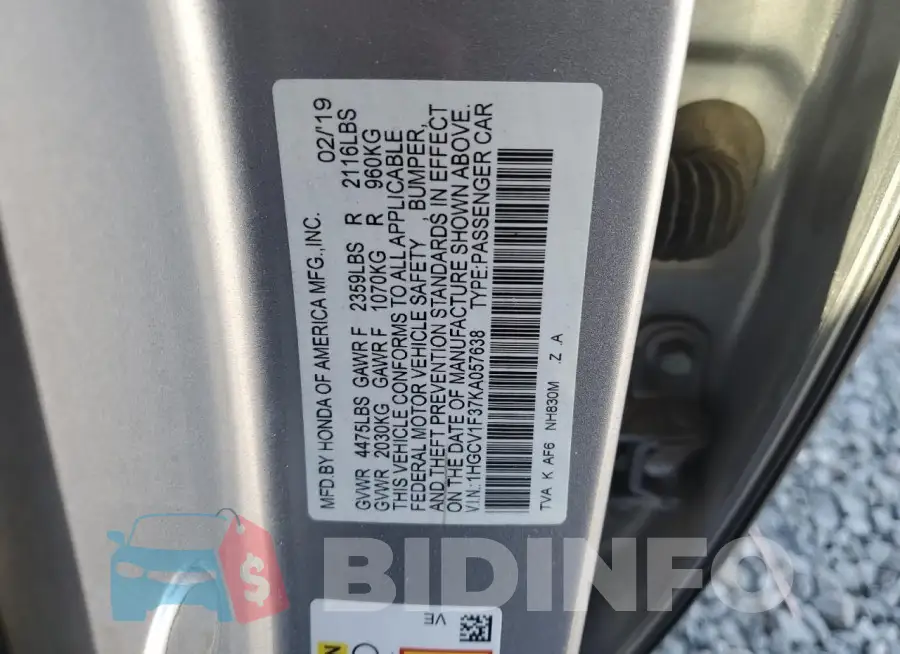 1HGCV1F37KA057638 Photo# 12