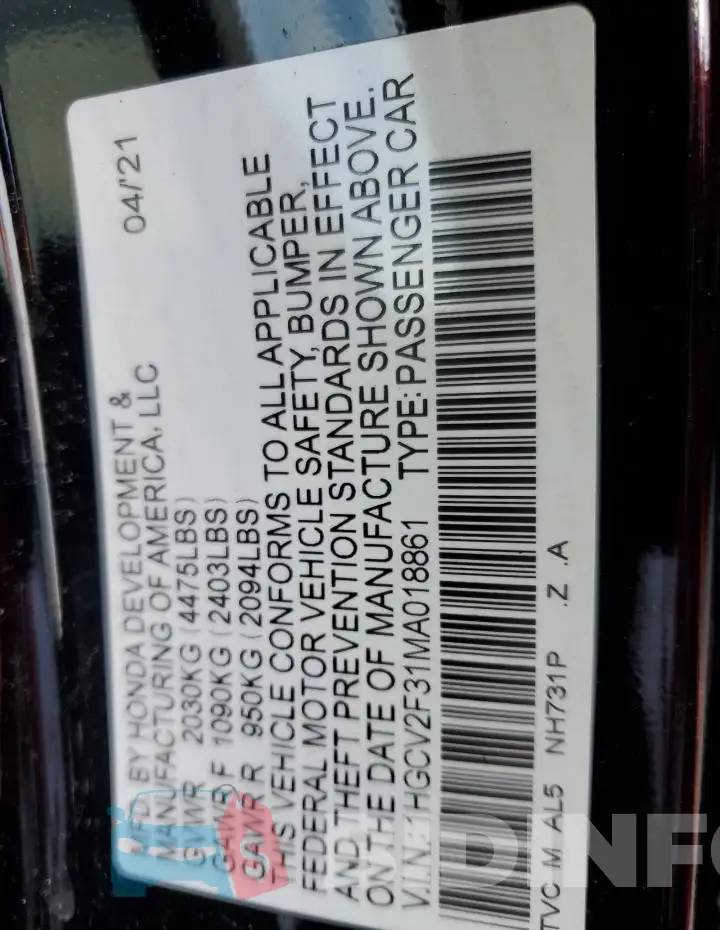 1HGCV2F31MA018861 Photo# 12
