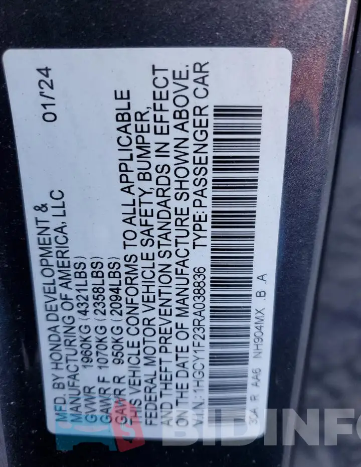 1HGCY1F23RA038836 Photo# 12