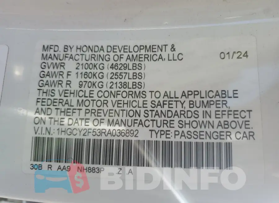 1HGCY2F53RA036892 Photo# 12